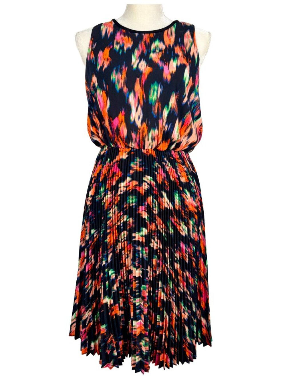 Calvin Klein Abstract Ikat Pleated Blouson Dress 6 Sleeveless Knee Length Career